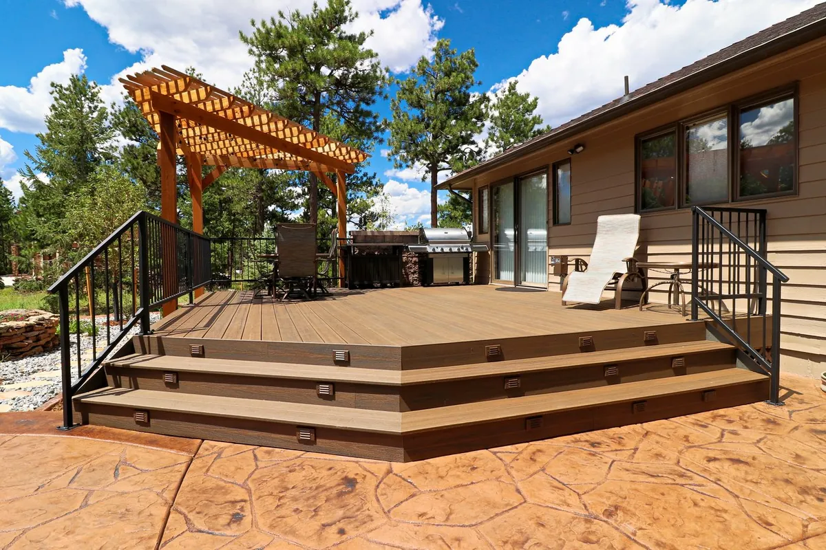 Composite deck with matte-black steel railing